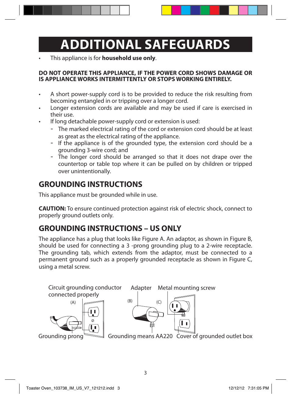 Additional safeguards, Grounding instructions, Grounding instructions – us only | FARBERWARE 103718 Countertop Convection Oven User Manual | Page 3 / 18