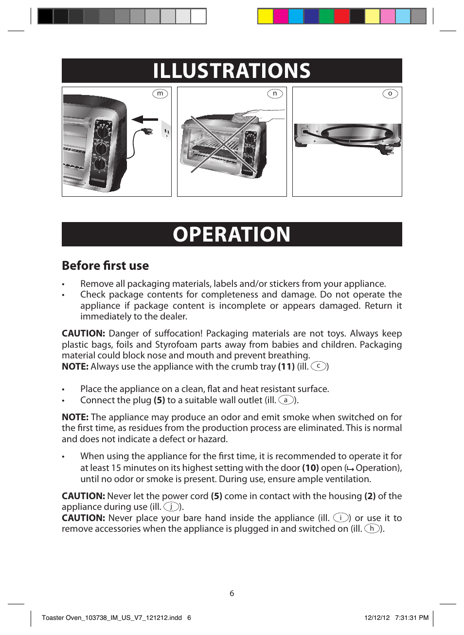 Illustrations, Operation, Before first use | Accessories, Using the appliance | FARBERWARE 103718 Countertop Convection Oven User Manual | Page 6 / 18