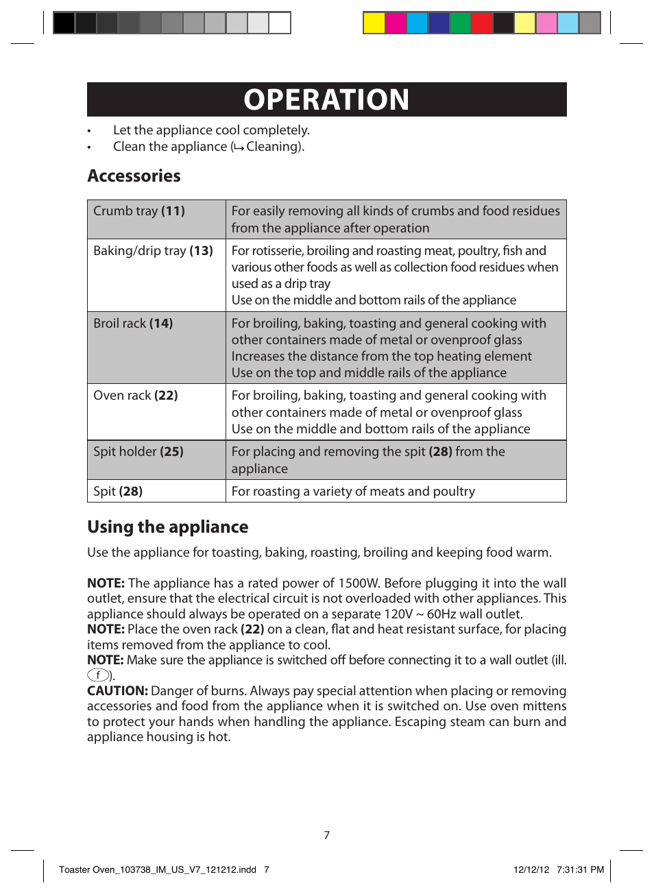 Illustrations operation, Operation, Before first use | Accessories, Using the appliance | FARBERWARE 103718 Countertop Convection Oven User Manual | Page 7 / 18