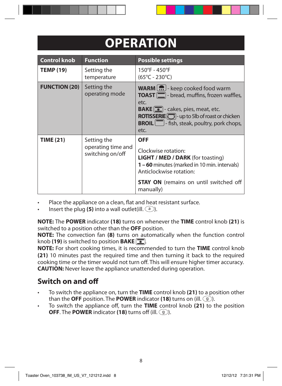 Operation, Switch on and off | FARBERWARE 103718 Countertop Convection Oven User Manual | Page 8 / 18