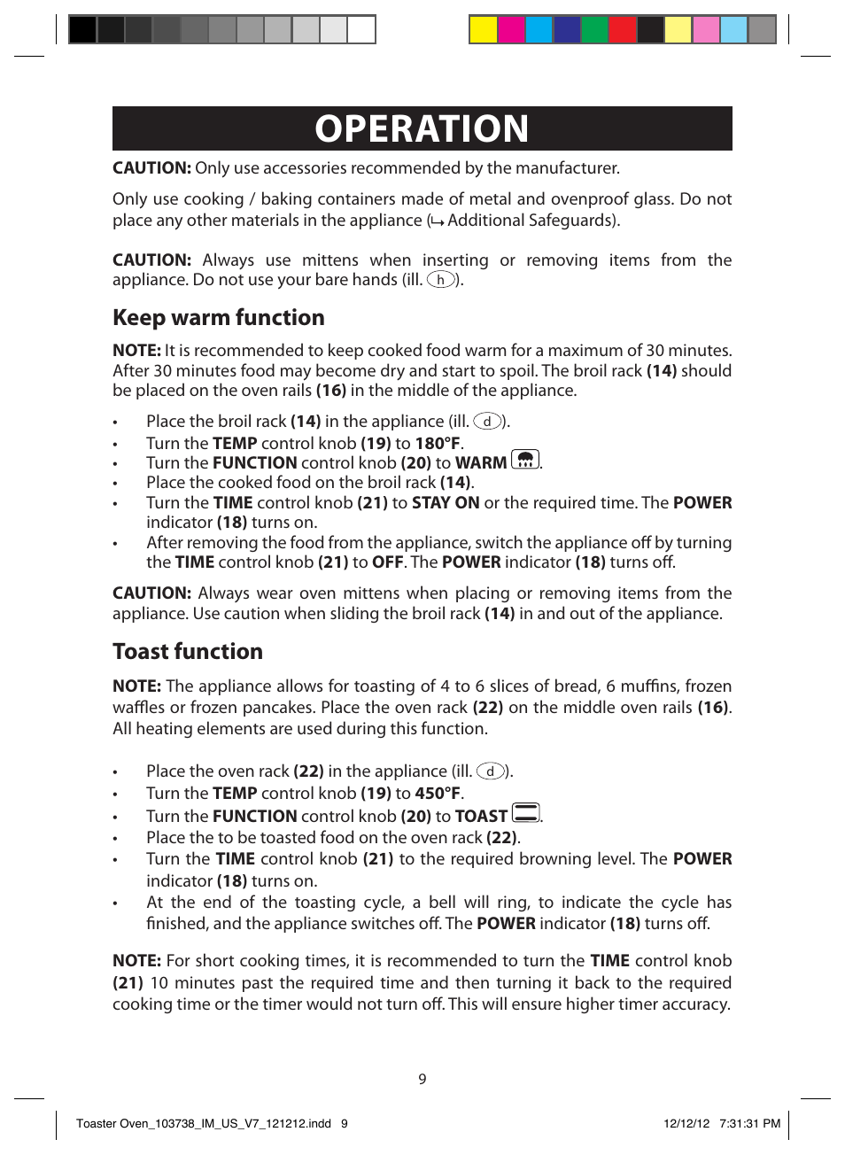 Operation, Switch on and off, Keep warm function | Toast function | FARBERWARE 103718 Countertop Convection Oven User Manual | Page 9 / 18
