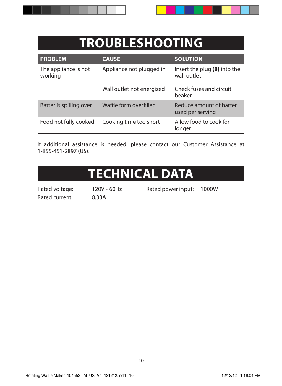 Customer assistance, Troubleshooting, Technical data | FARBERWARE 104553 Non-stick Flip Waffle Maker User Manual | Page 10 / 11