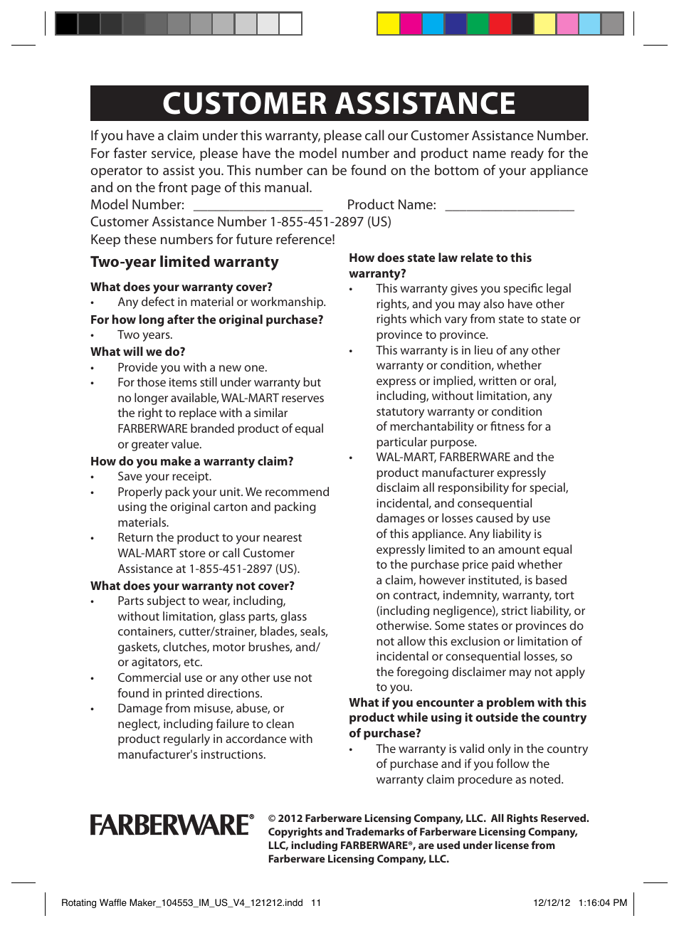 Customer assistance, Troubleshooting, Technical data | Two-year limited warranty | FARBERWARE 104553 Non-stick Flip Waffle Maker User Manual | Page 11 / 11
