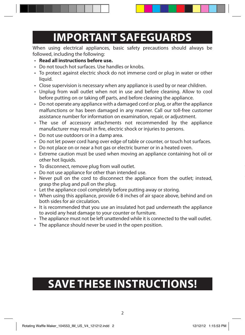 Important safeguards, Save these instructions! additional safeguards, Grounding instructions | Grounding instructions – us only | FARBERWARE 104553 Non-stick Flip Waffle Maker User Manual | Page 2 / 11