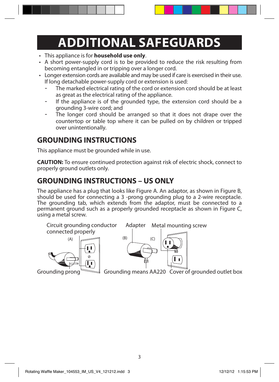 Additional safeguards, Grounding instructions, Grounding instructions – us only | FARBERWARE 104553 Non-stick Flip Waffle Maker User Manual | Page 3 / 11