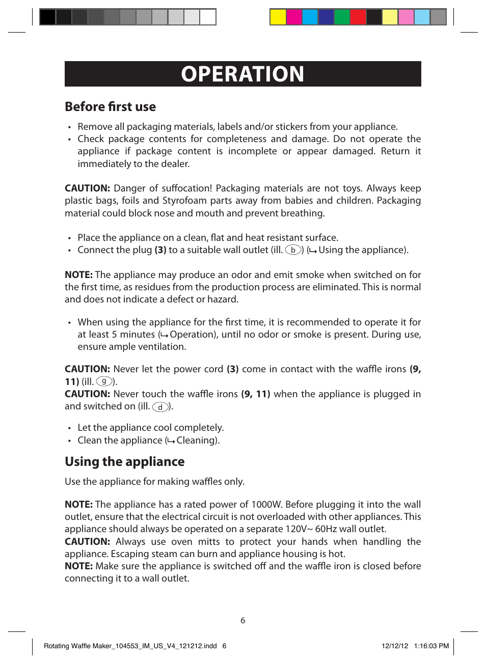 Operation, Before first use, Using the appliance | FARBERWARE 104553 Non-stick Flip Waffle Maker User Manual | Page 6 / 11
