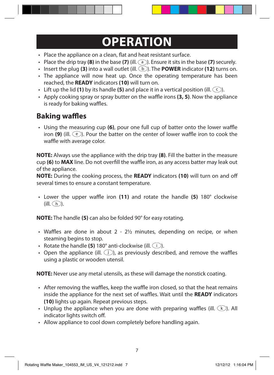 Operation, Baking waffles | FARBERWARE 104553 Non-stick Flip Waffle Maker User Manual | Page 7 / 11