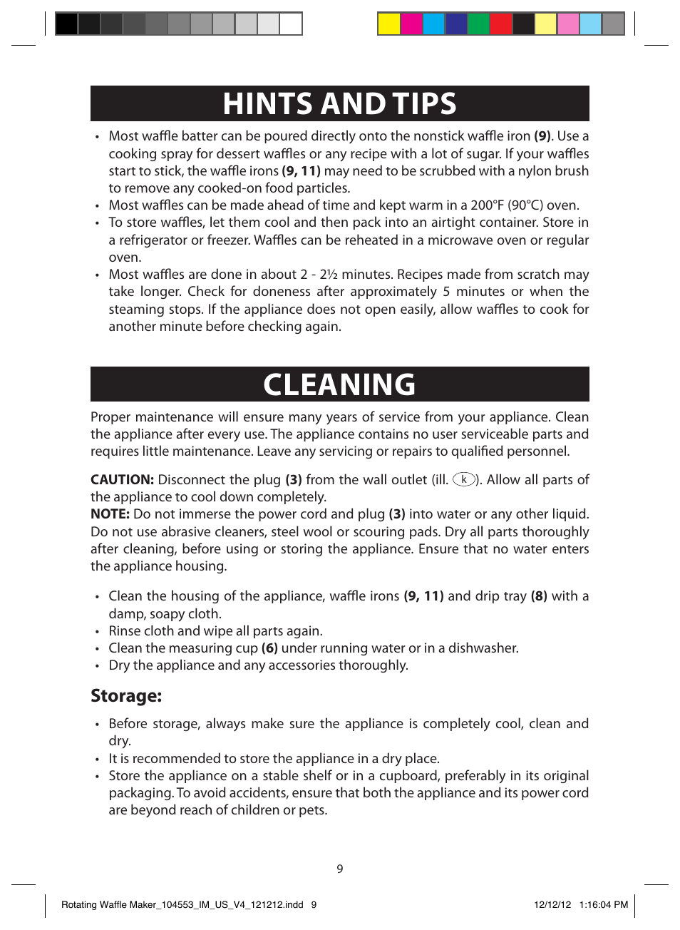 Recipes, Hints and tips, Cleaning | Basic waffle recipe, Whole wheat & belgian waffles, Storage | FARBERWARE 104553 Non-stick Flip Waffle Maker User Manual | Page 9 / 11