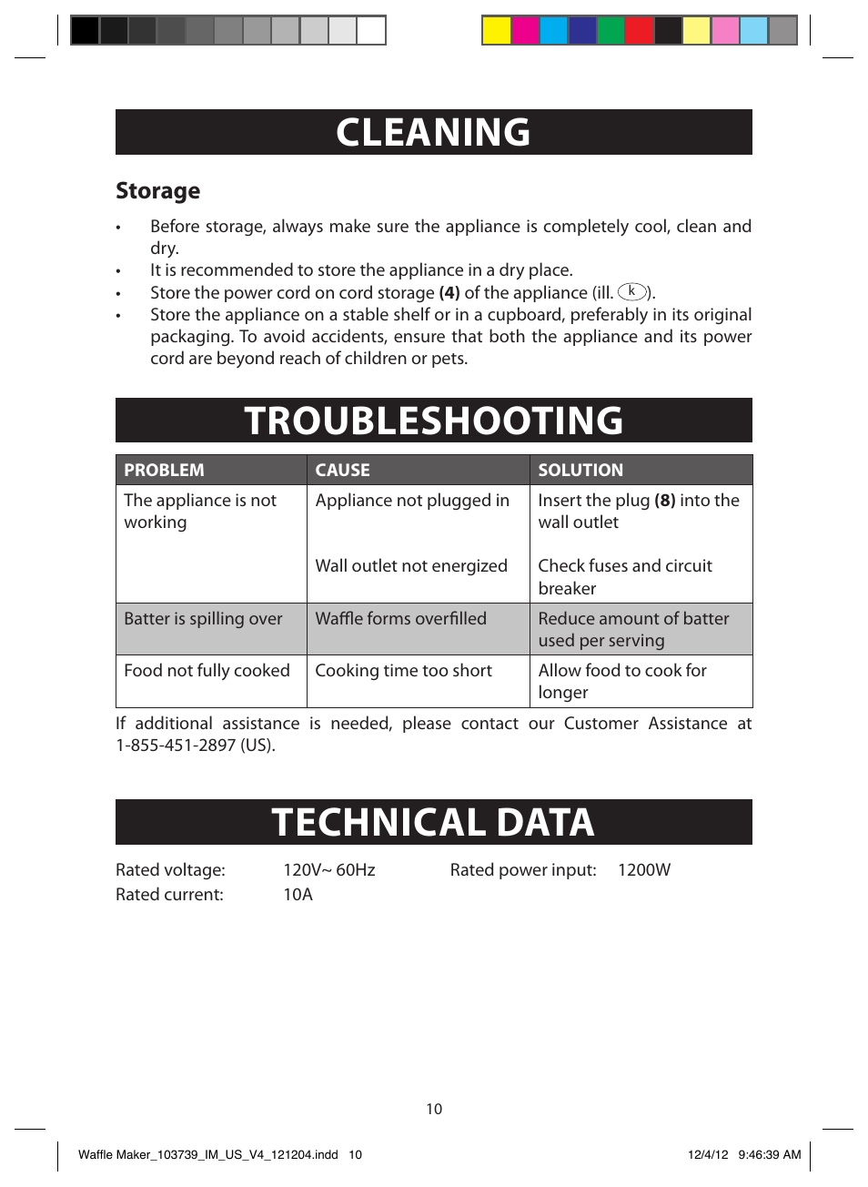 Customer assistance, Cleaning, Troubleshooting | Technical data, Storage | FARBERWARE 103739 Square Waffle Maker User Manual | Page 10 / 11
