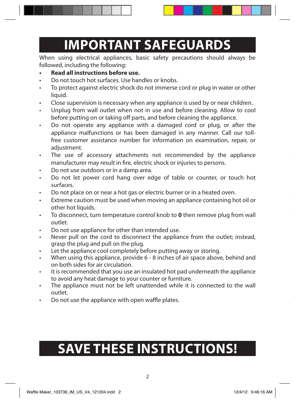 Additional safeguards, Important safeguards, Save these instructions | Grounding instructions, Grounding instructions – us only | FARBERWARE 103739 Square Waffle Maker User Manual | Page 2 / 11