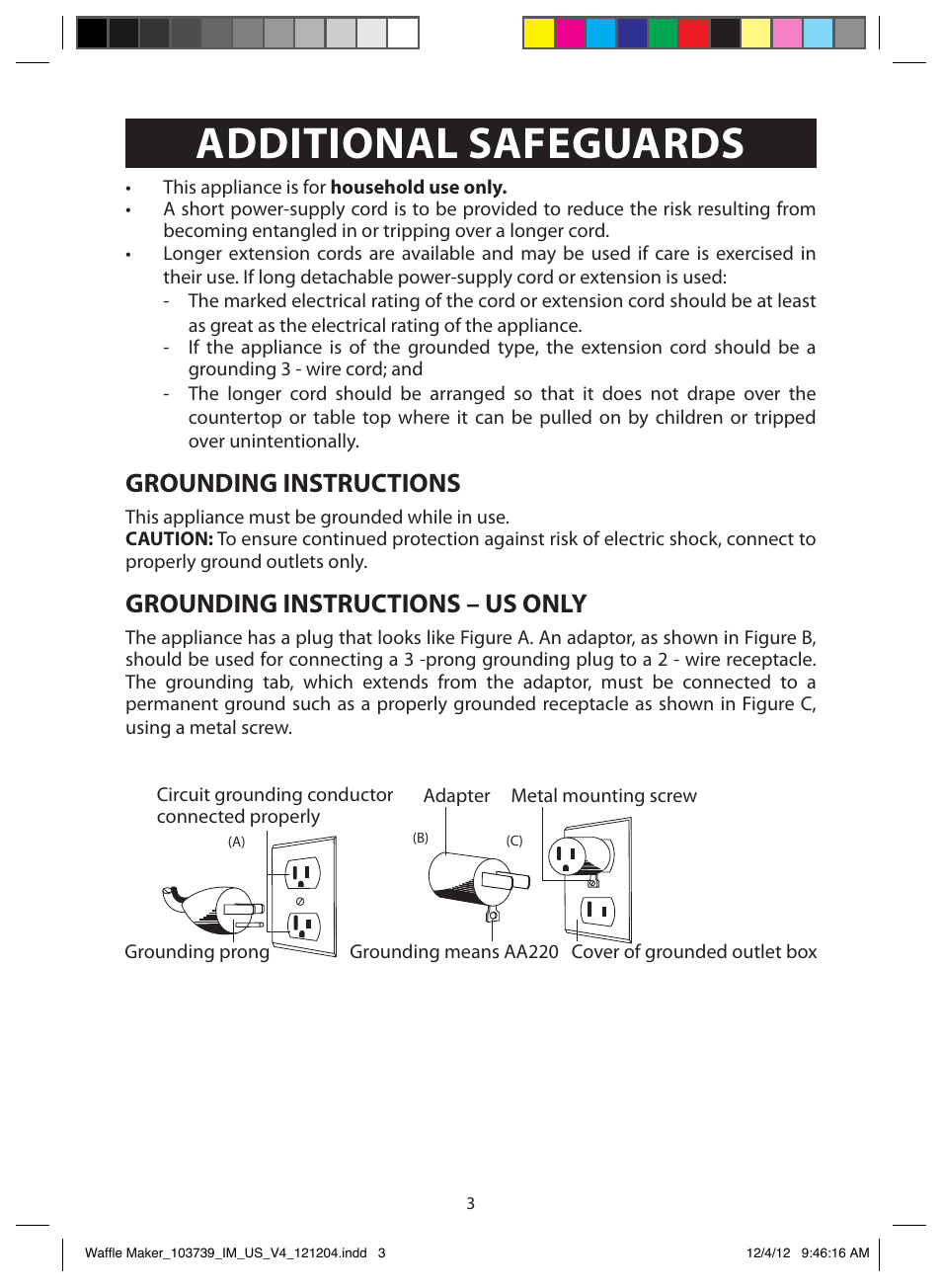 Additional safeguards, Grounding instructions, Grounding instructions – us only | FARBERWARE 103739 Square Waffle Maker User Manual | Page 3 / 11