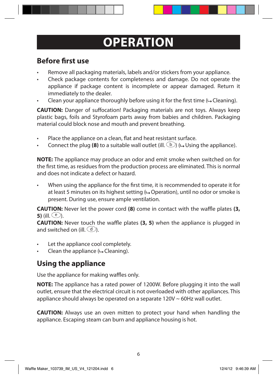 Operation, Before first use, Using the appliance | FARBERWARE 103739 Square Waffle Maker User Manual | Page 6 / 11