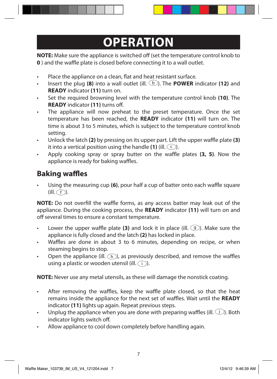 Operation, Baking waffles | FARBERWARE 103739 Square Waffle Maker User Manual | Page 7 / 11