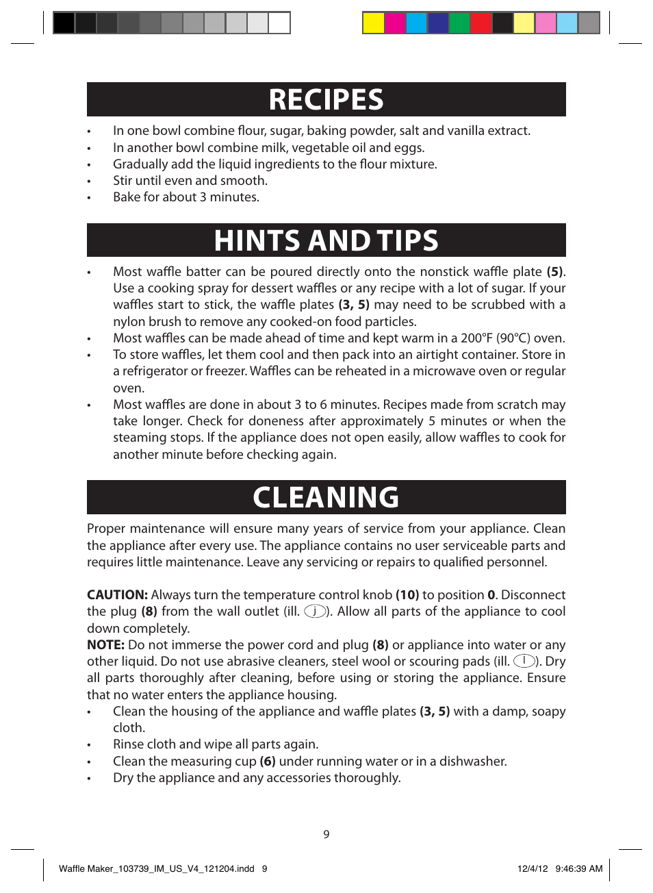 Recipes, Hints and tips, Cleaning | Basic waffle recipe, Basic blueberry waffles, Whole wheat & belgian waffles | FARBERWARE 103739 Square Waffle Maker User Manual | Page 9 / 11