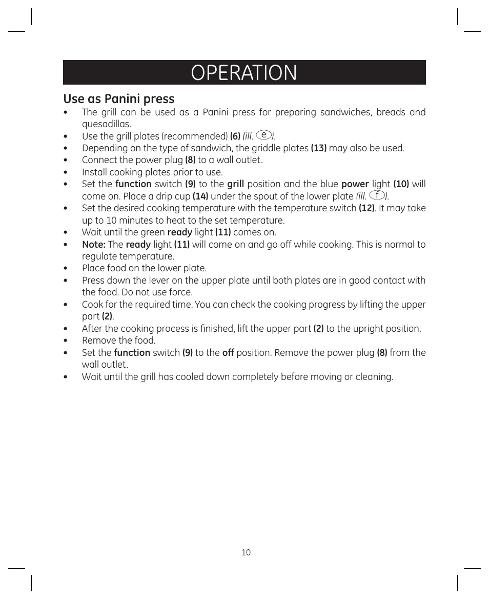 Operation, Use as panini press | FARBERWARE 104557 4-in-1 Grill User Manual | Page 10 / 28