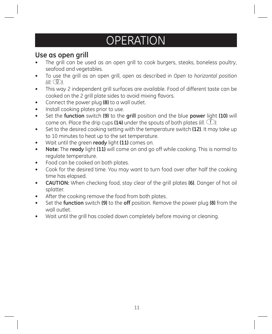 Operation, Use as open grill | FARBERWARE 104557 4-in-1 Grill User Manual | Page 11 / 28