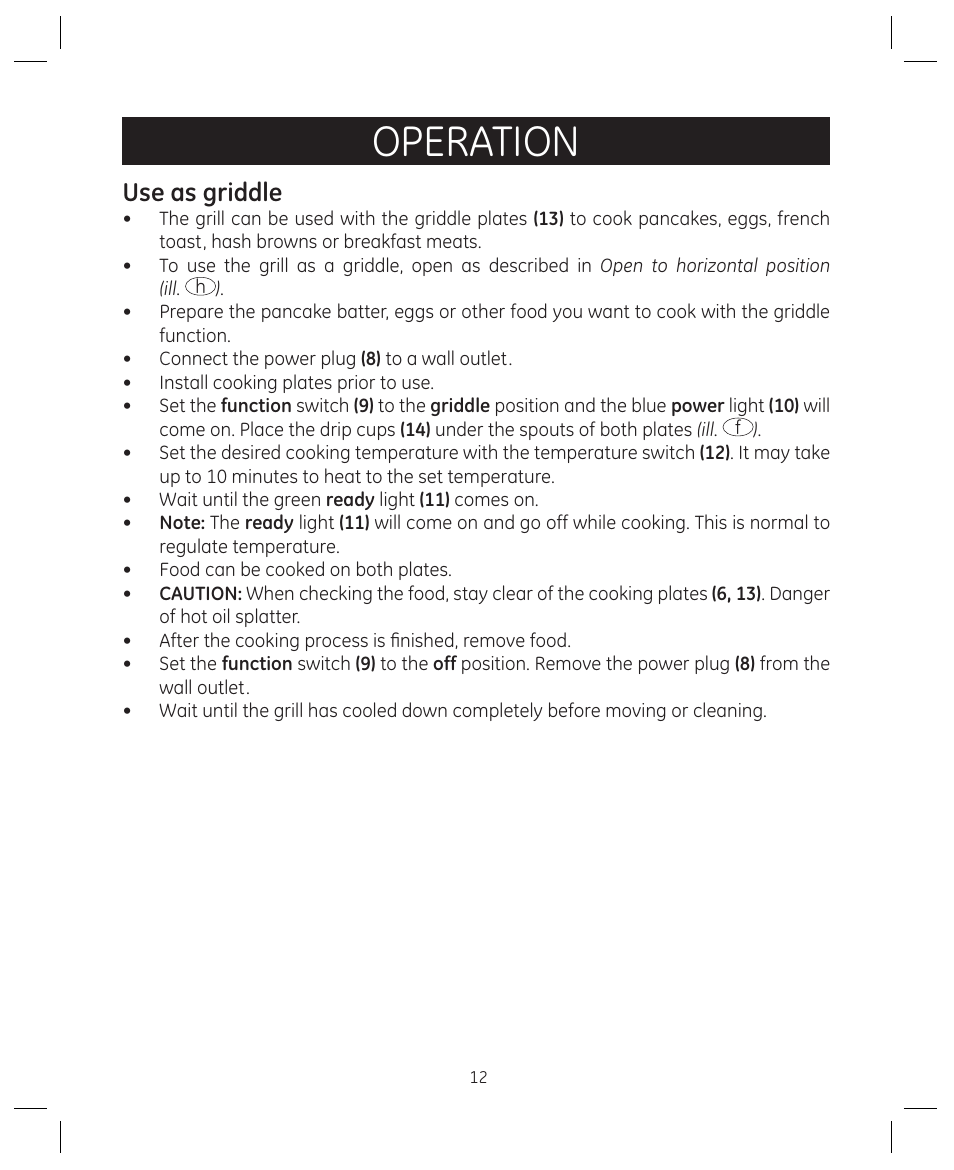 Operation, Use as griddle | FARBERWARE 104557 4-in-1 Grill User Manual | Page 12 / 28