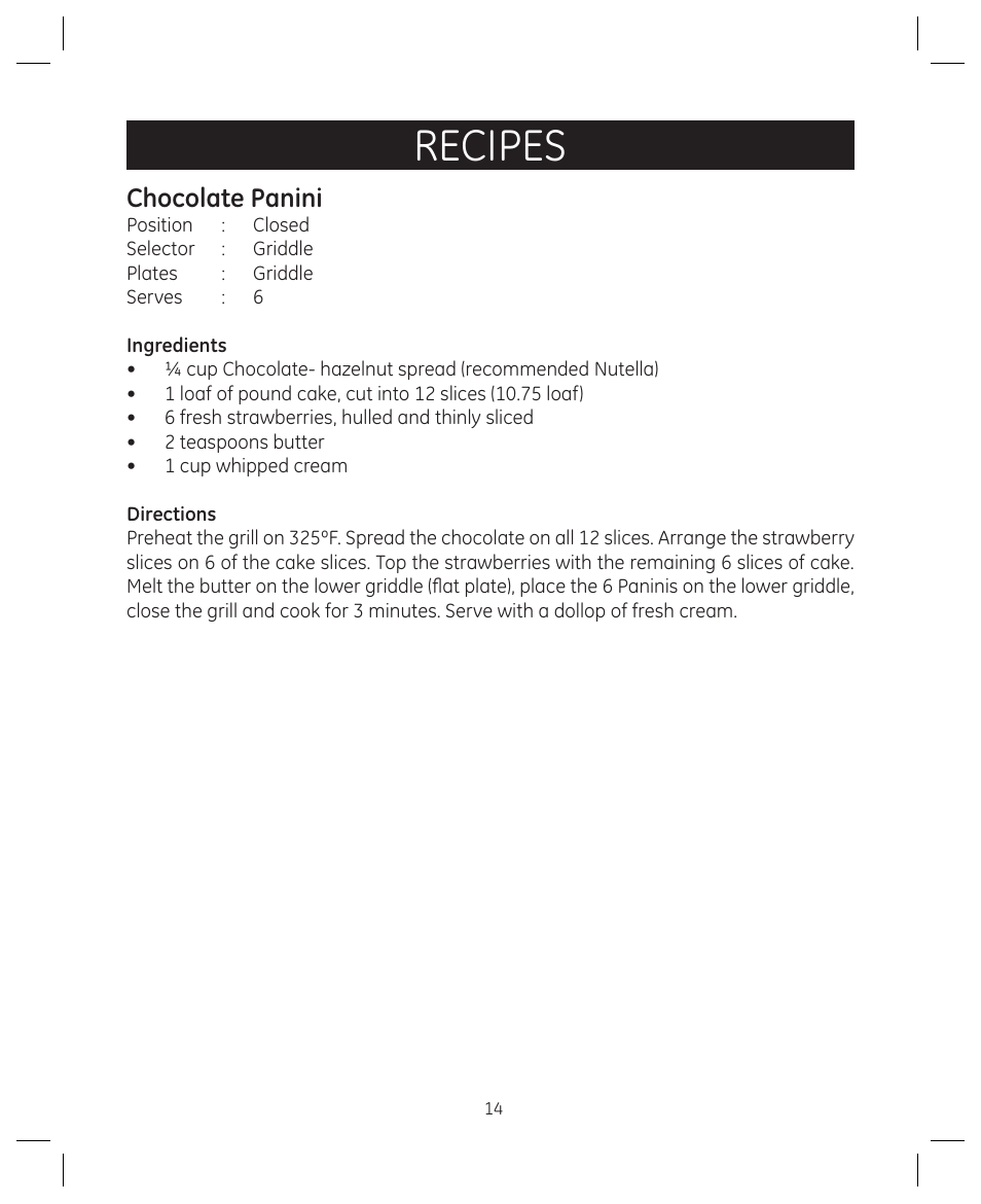 Recipes, Chocolate panini | FARBERWARE 104557 4-in-1 Grill User Manual | Page 14 / 28