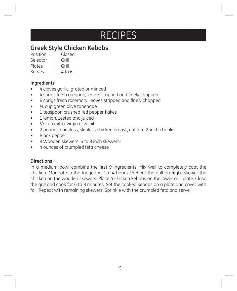 Recipes, Greek style chicken kebabs | FARBERWARE 104557 4-in-1 Grill User Manual | Page 15 / 28