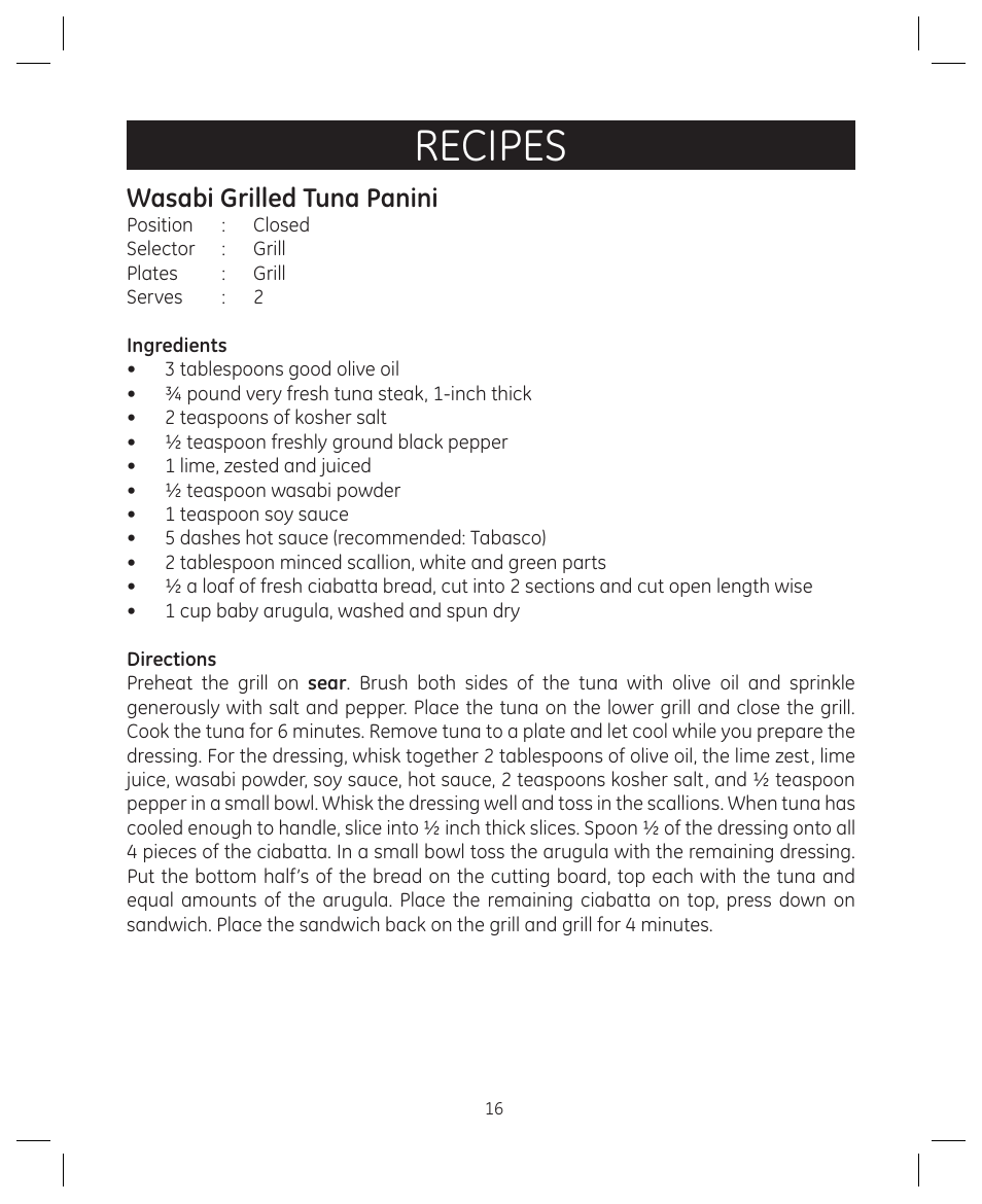 Recipes, Wasabi grilled tuna panini | FARBERWARE 104557 4-in-1 Grill User Manual | Page 16 / 28