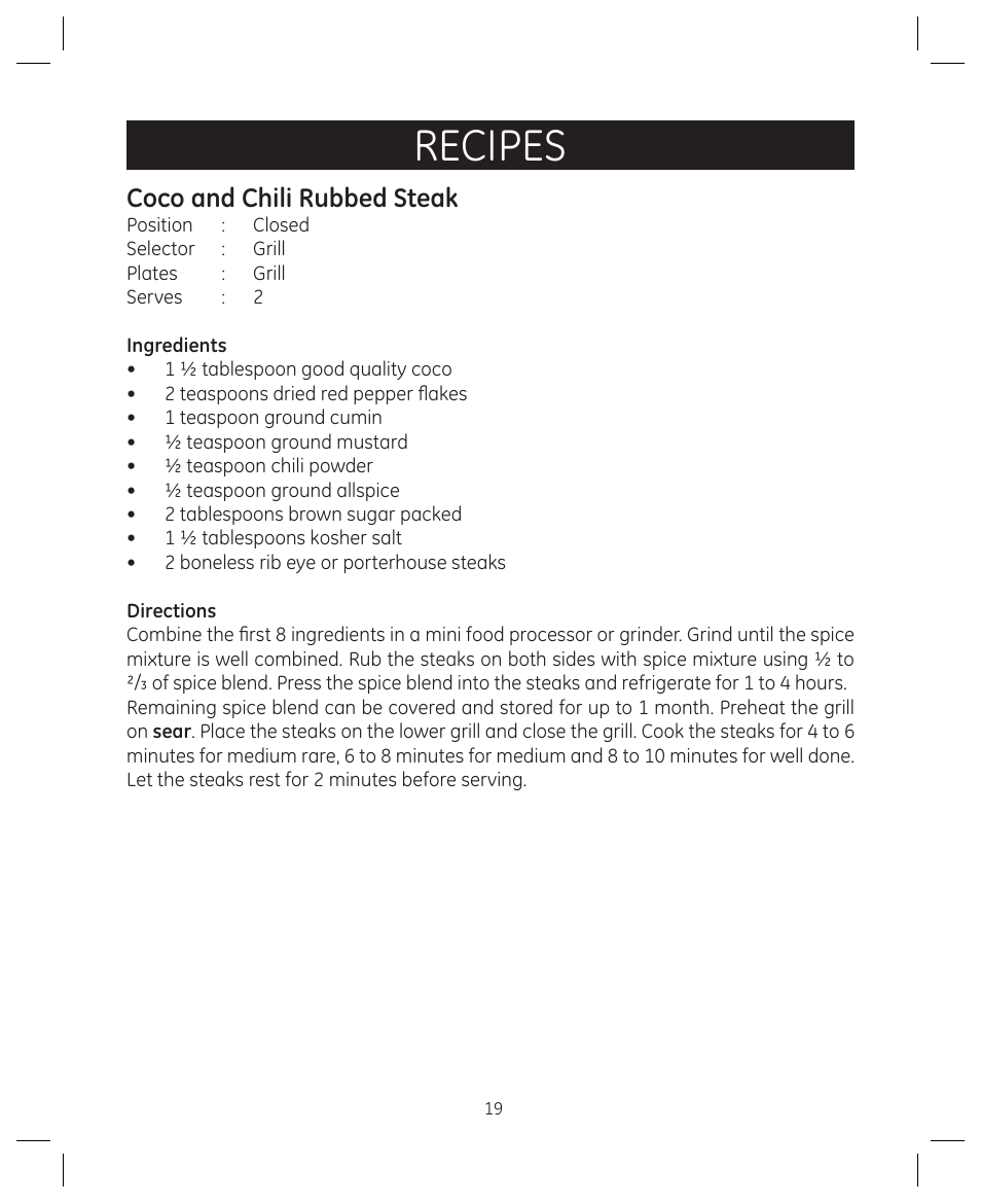 Recipes, Coco and chili rubbed steak | FARBERWARE 104557 4-in-1 Grill User Manual | Page 19 / 28