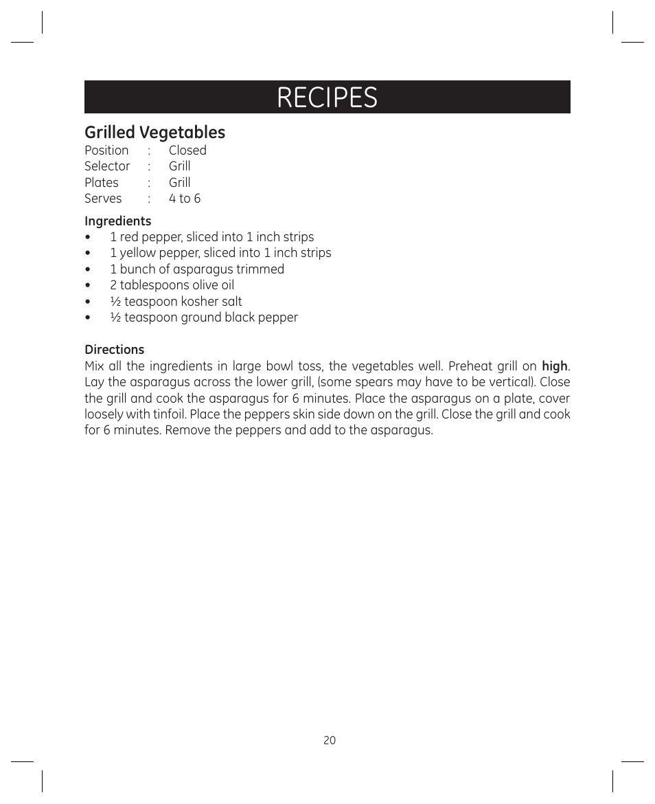 Recipes, Grilled vegetables | FARBERWARE 104557 4-in-1 Grill User Manual | Page 20 / 28