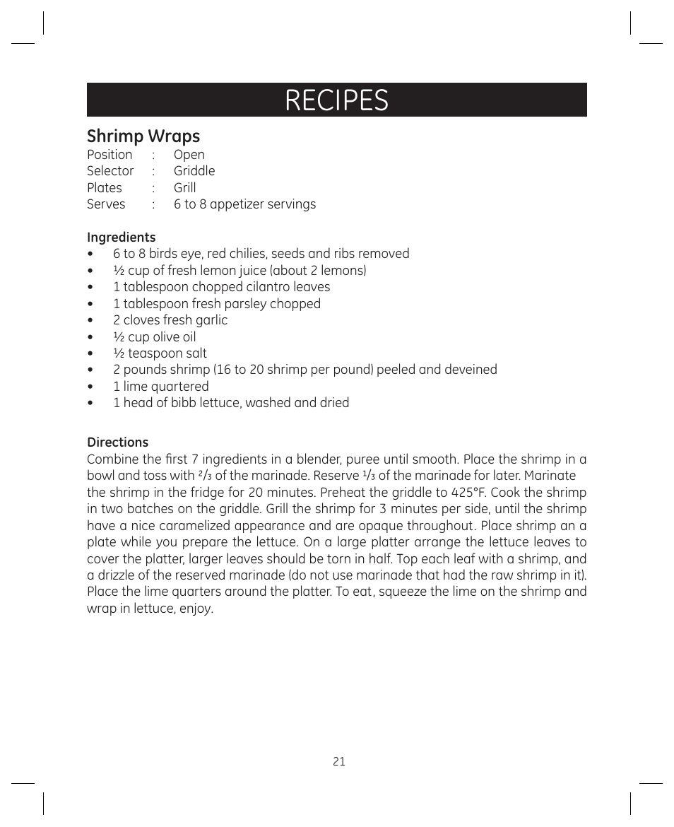 Recipes, Shrimp wraps | FARBERWARE 104557 4-in-1 Grill User Manual | Page 21 / 28