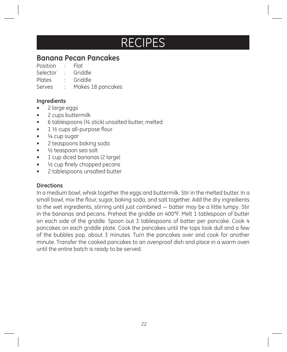 Recipes, Banana pecan pancakes | FARBERWARE 104557 4-in-1 Grill User Manual | Page 22 / 28