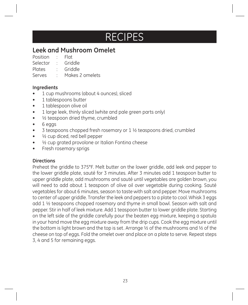 Recipes, Leek and mushroom omelet | FARBERWARE 104557 4-in-1 Grill User Manual | Page 23 / 28