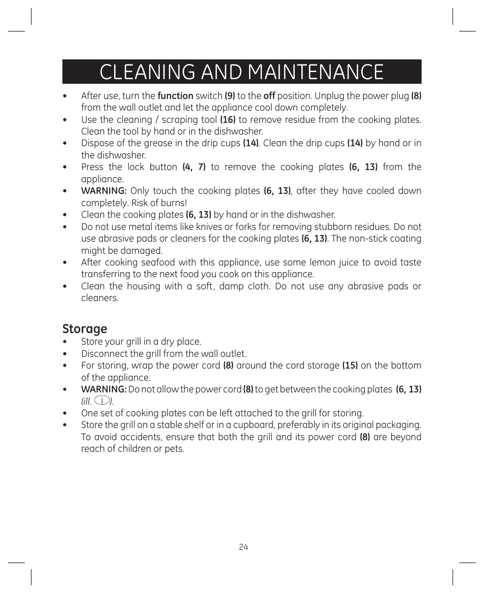 Cleaning and maintenance, Storage | FARBERWARE 104557 4-in-1 Grill User Manual | Page 24 / 28