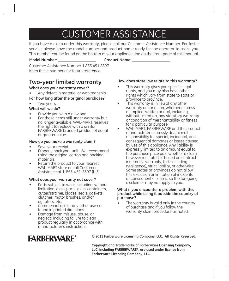 Customer assistance, Two-year limited warranty | FARBERWARE 104557 4-in-1 Grill User Manual | Page 28 / 28