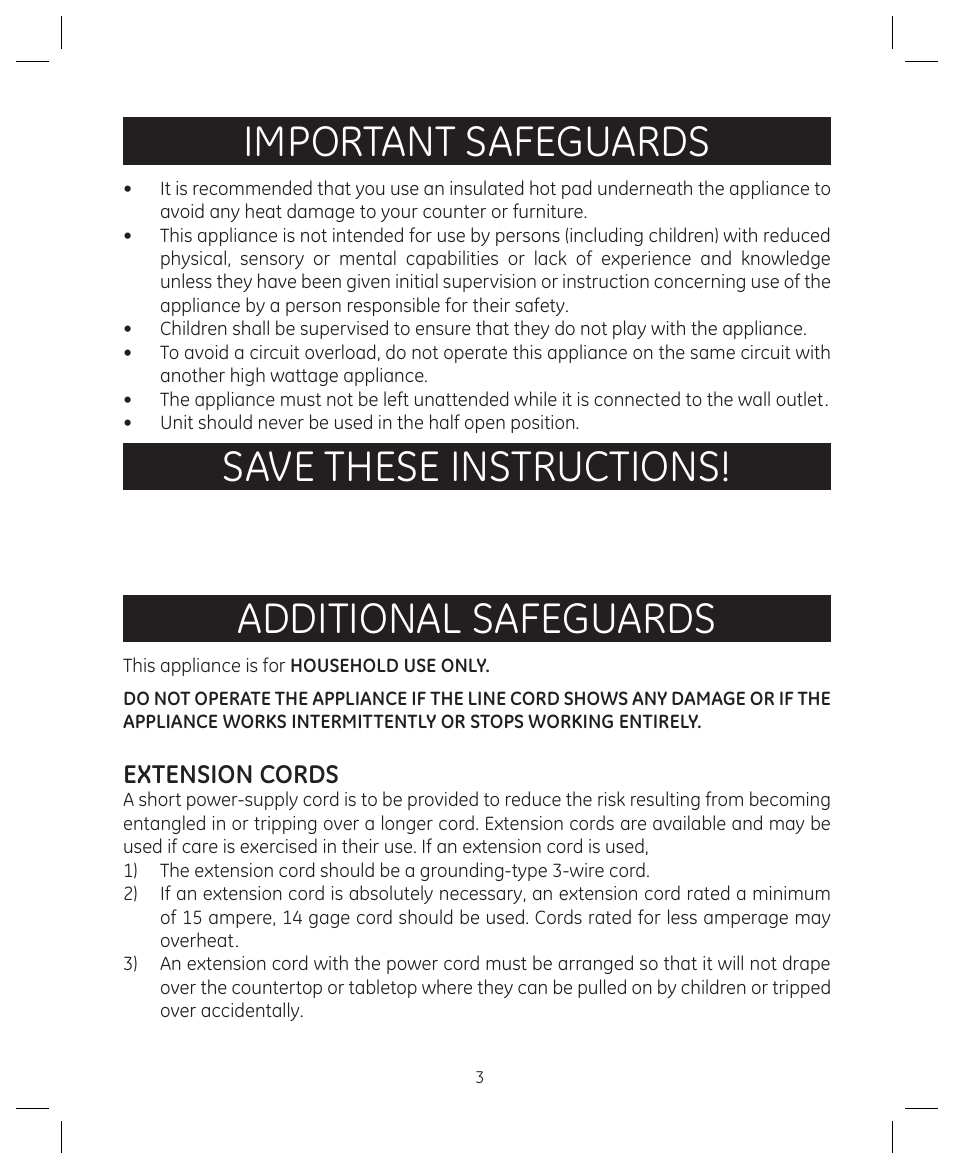 Important safeguards, Save these instructions! additional safeguards, Extension cords | FARBERWARE 104557 4-in-1 Grill User Manual | Page 3 / 28