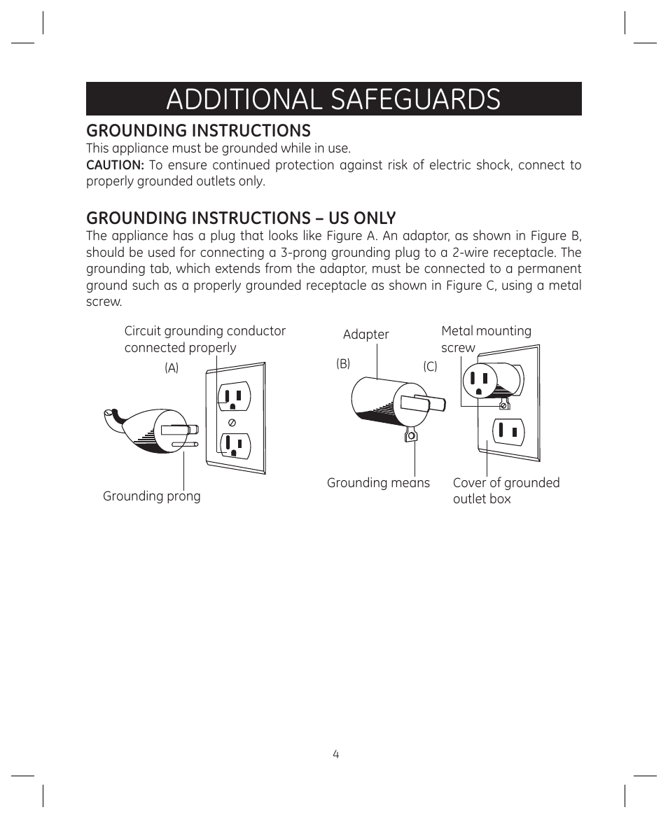 Additional safeguards, Grounding instructions, Grounding instructions – us only | FARBERWARE 104557 4-in-1 Grill User Manual | Page 4 / 28