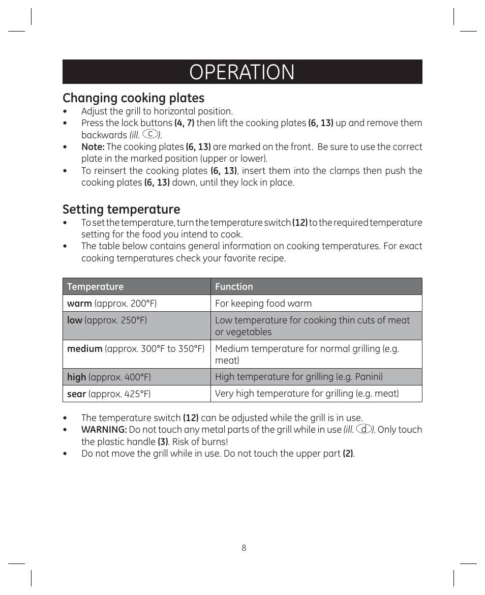 Operation, Changing cooking plates, Setting temperature | FARBERWARE 104557 4-in-1 Grill User Manual | Page 8 / 28
