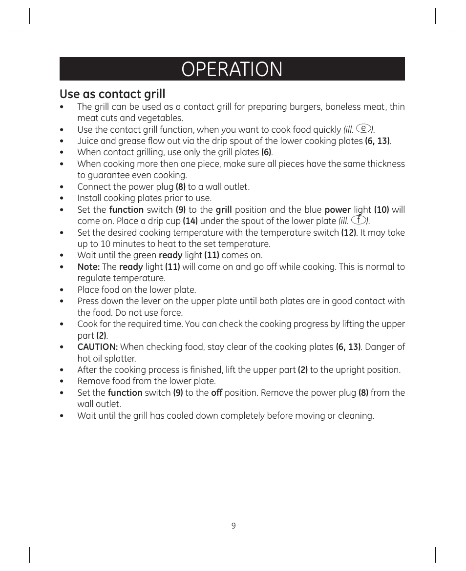 Operation, Use as contact grill | FARBERWARE 104557 4-in-1 Grill User Manual | Page 9 / 28