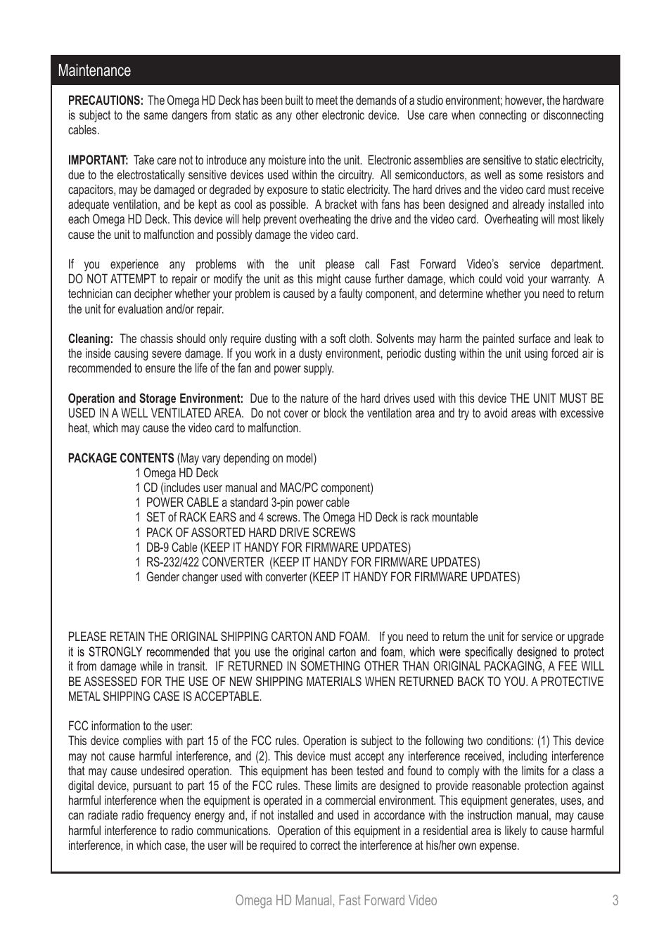 Omegahdmanual_p3, Maintenance | Fast Forward Video Omega HD User Manual | Page 3 / 22