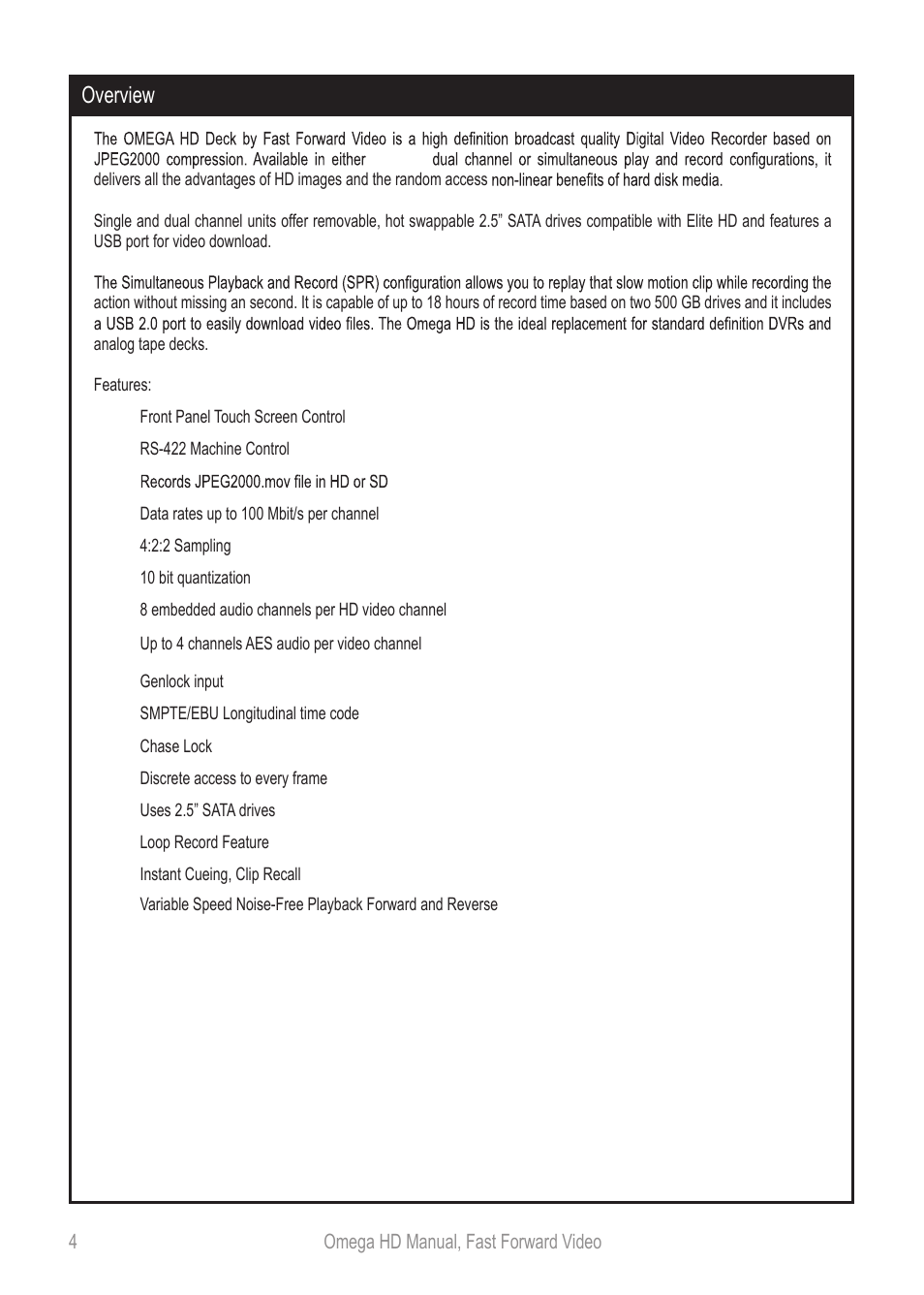 Omegahdmanual_p4, Overview | Fast Forward Video Omega HD User Manual | Page 4 / 22