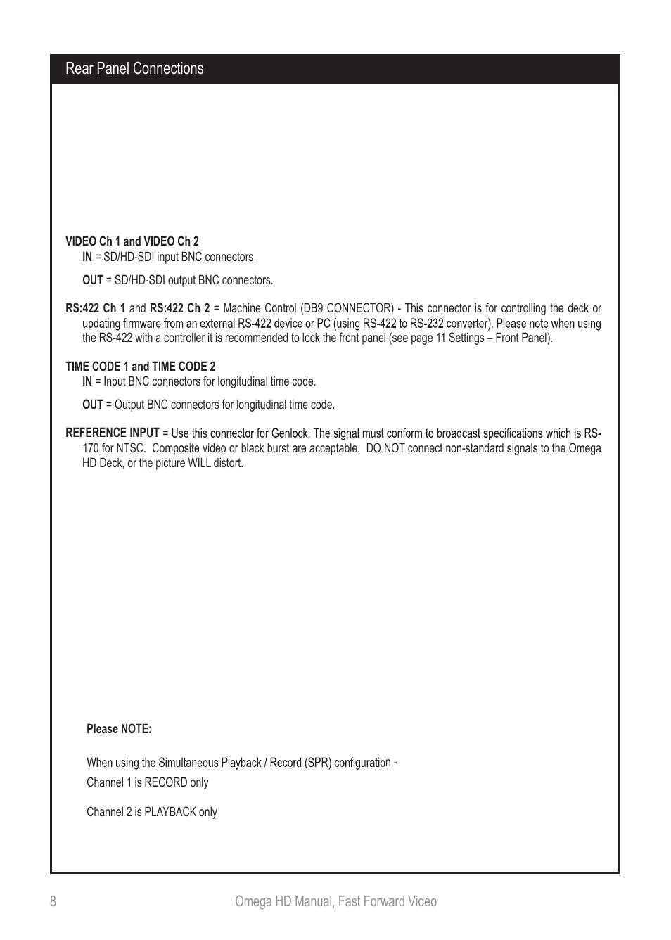 Omegahdmanual_p8, Rear panel connections | Fast Forward Video Omega HD User Manual | Page 8 / 22