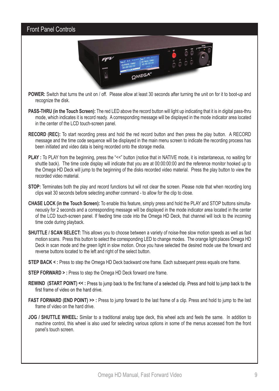 Omegahdmanual_p9, Front panel controls | Fast Forward Video Omega HD User Manual | Page 9 / 22