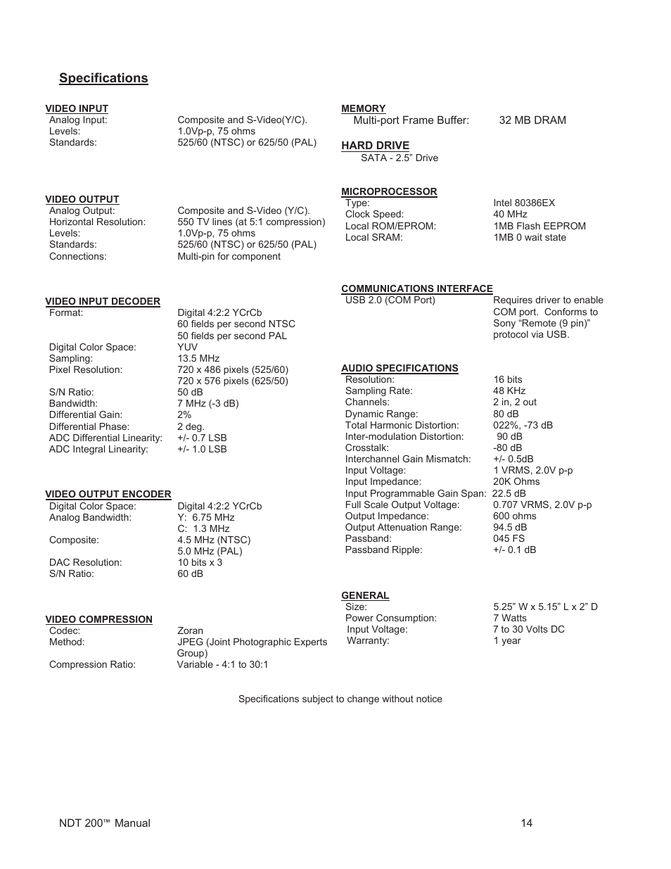 Ndt200 dvr manual p14, Specifications | Fast Forward Video NDT 200 User Manual | Page 14 / 16