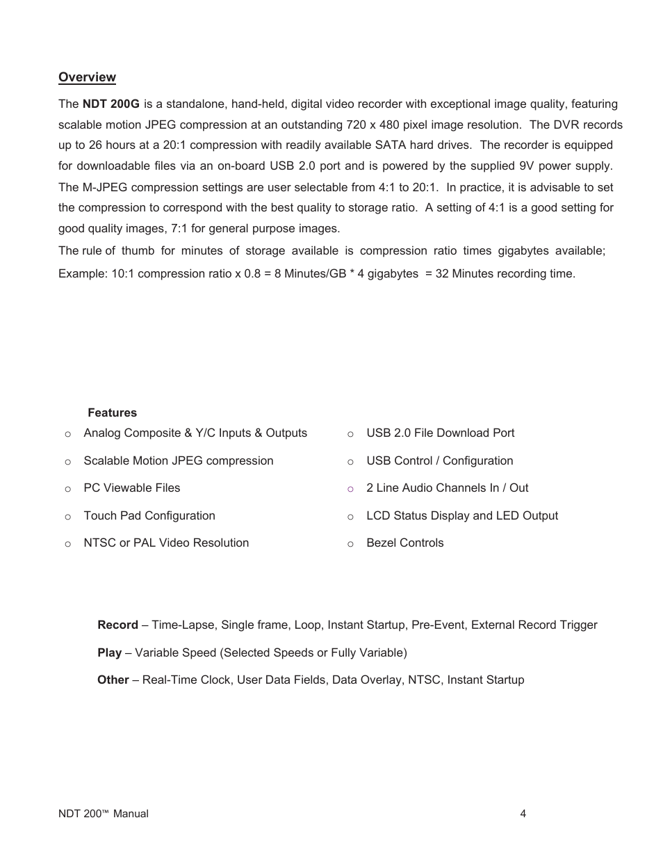 Ndt200 dvr manual p4 | Fast Forward Video NDT 200 User Manual | Page 4 / 16