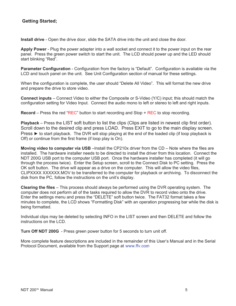 Ndt200 dvr manual p5 | Fast Forward Video NDT 200 User Manual | Page 5 / 16