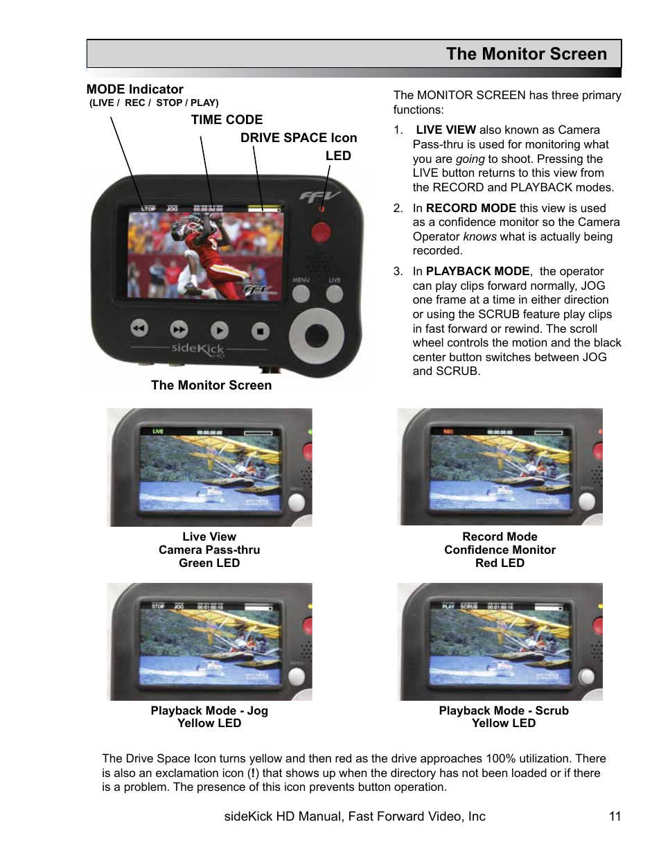 The monitor screen | Fast Forward Video SideKick HD (EOL) User Manual | Page 11 / 19