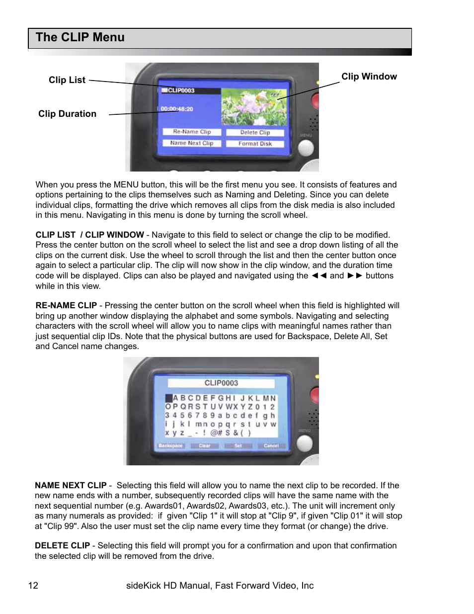 The clip menu | Fast Forward Video SideKick HD (EOL) User Manual | Page 12 / 19