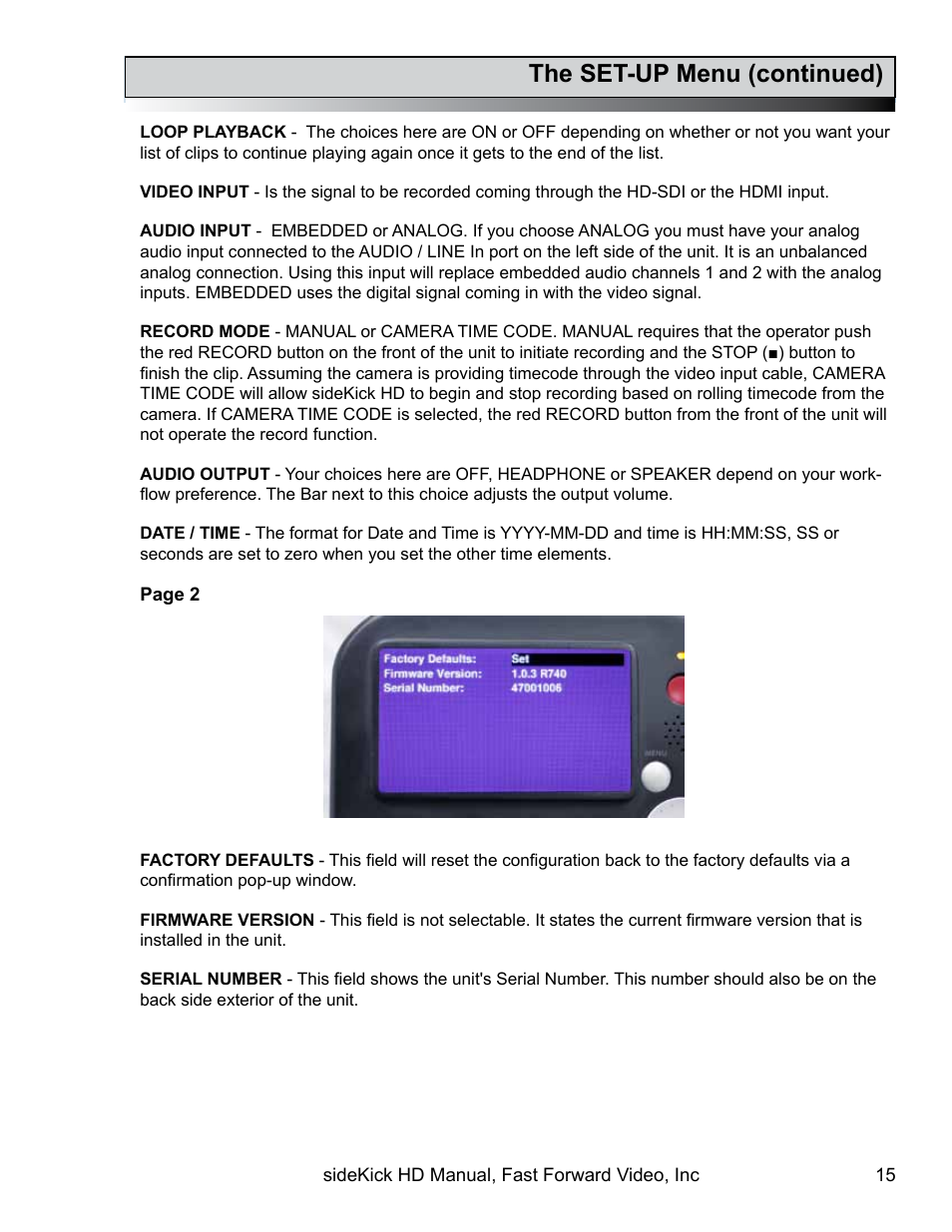 The set-up menu (continued) | Fast Forward Video SideKick HD (EOL) User Manual | Page 15 / 19