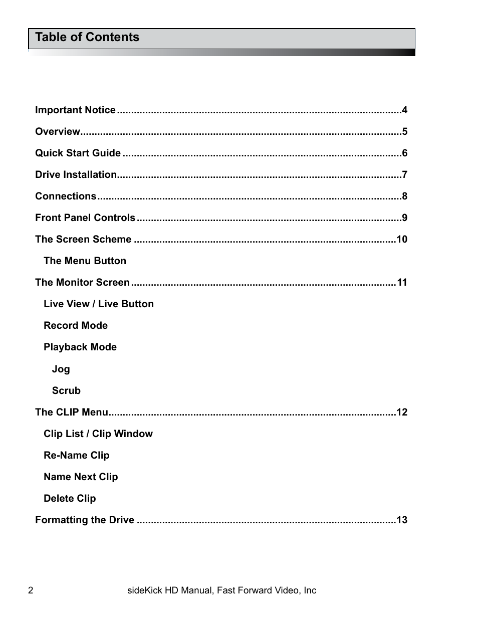 Fast Forward Video SideKick HD (EOL) User Manual | Page 2 / 19