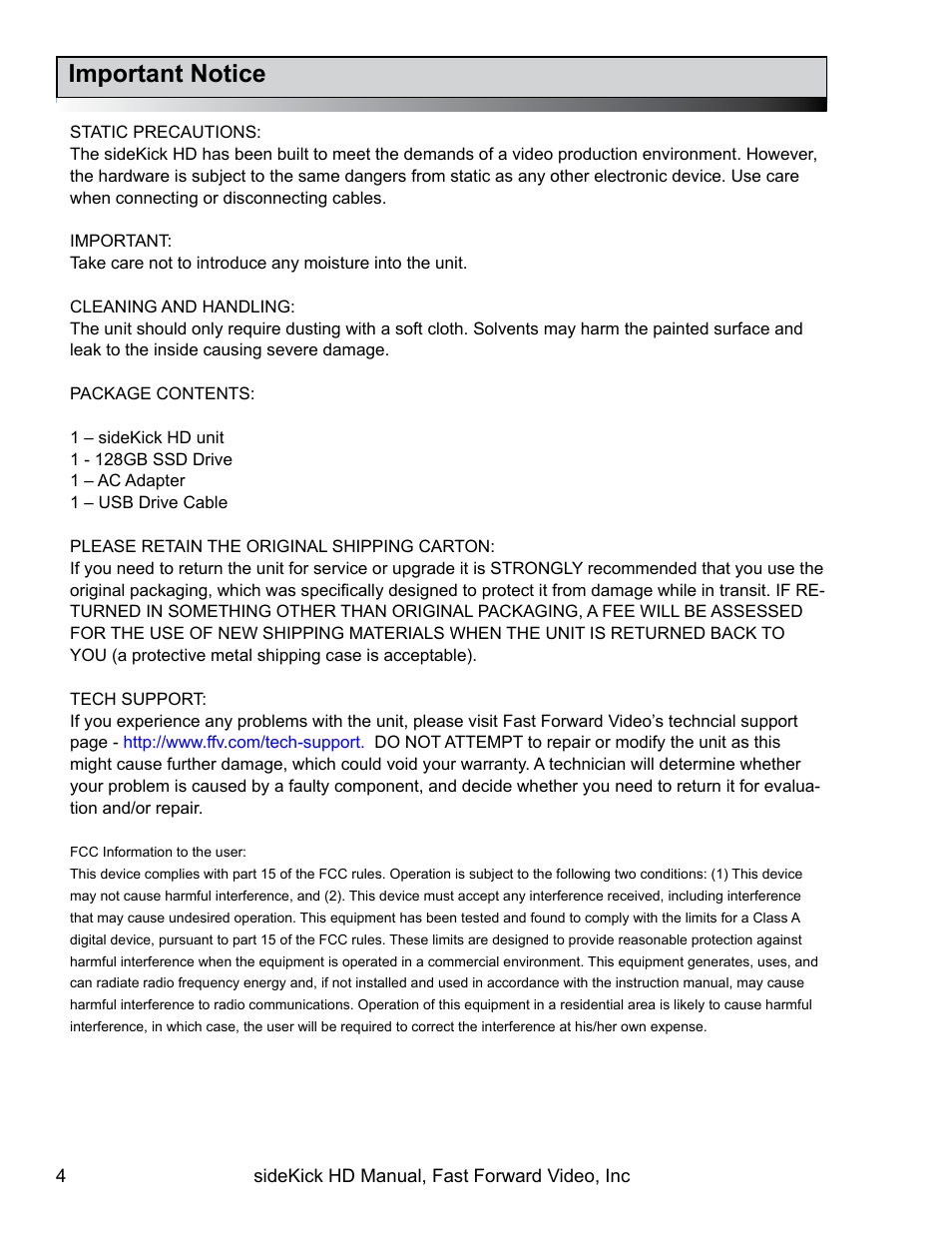 Important notice | Fast Forward Video SideKick HD (EOL) User Manual | Page 4 / 19