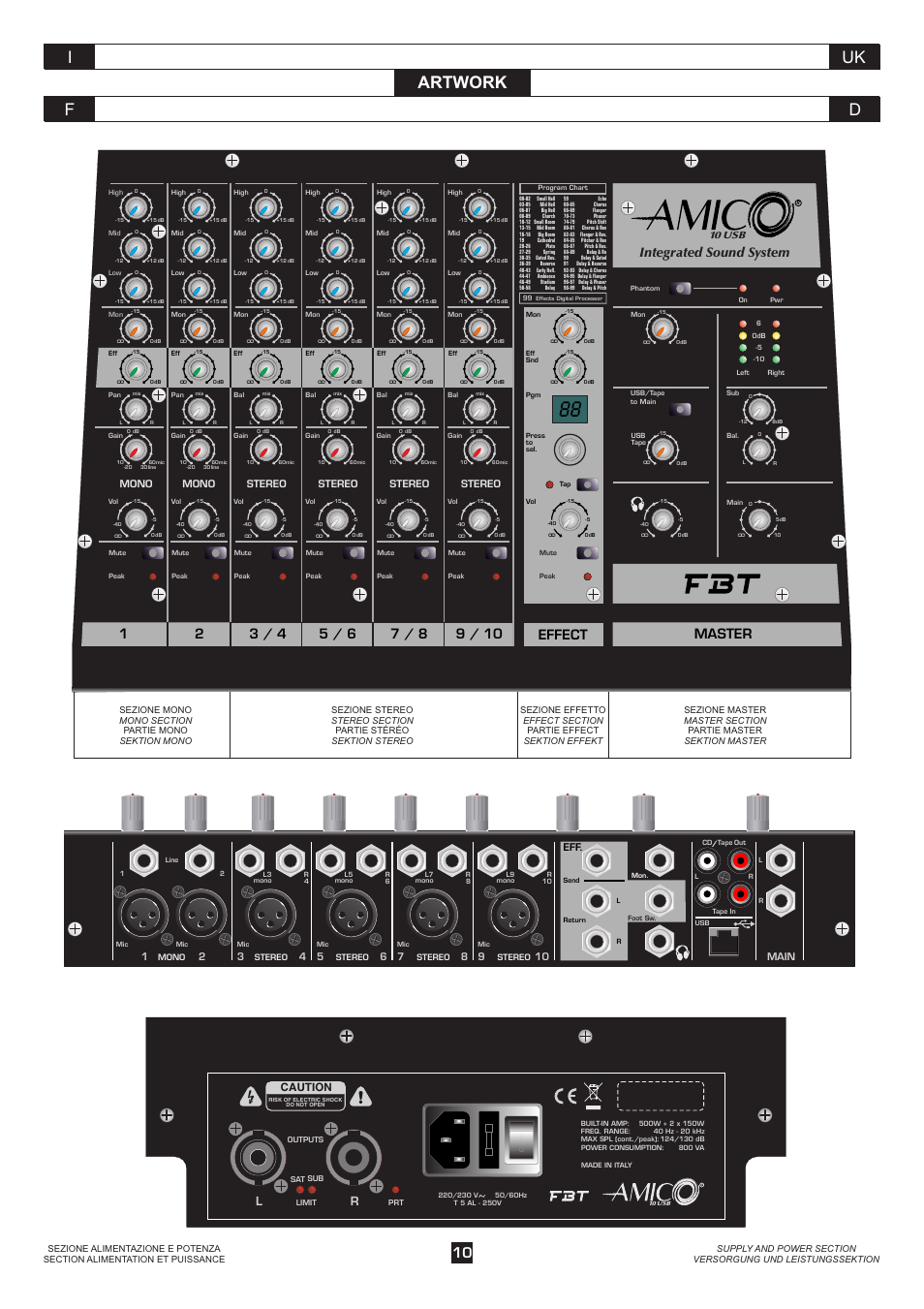 Uk i d f, Artwork, Effect | Master, Integrated sound system, Caution, Main, Stereo, Mono, 10 usb | FBT AMICO10USB User Manual | Page 12 / 36