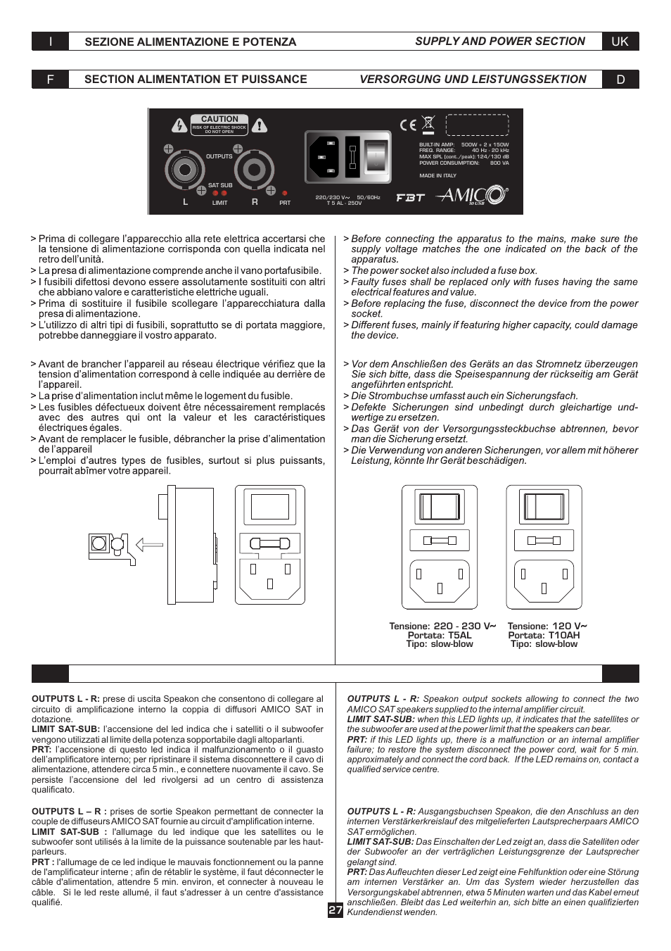 Uk i, Sezione alimentazione e potenza, Versorgung und leistungssektion | FBT AMICO10USB User Manual | Page 29 / 36