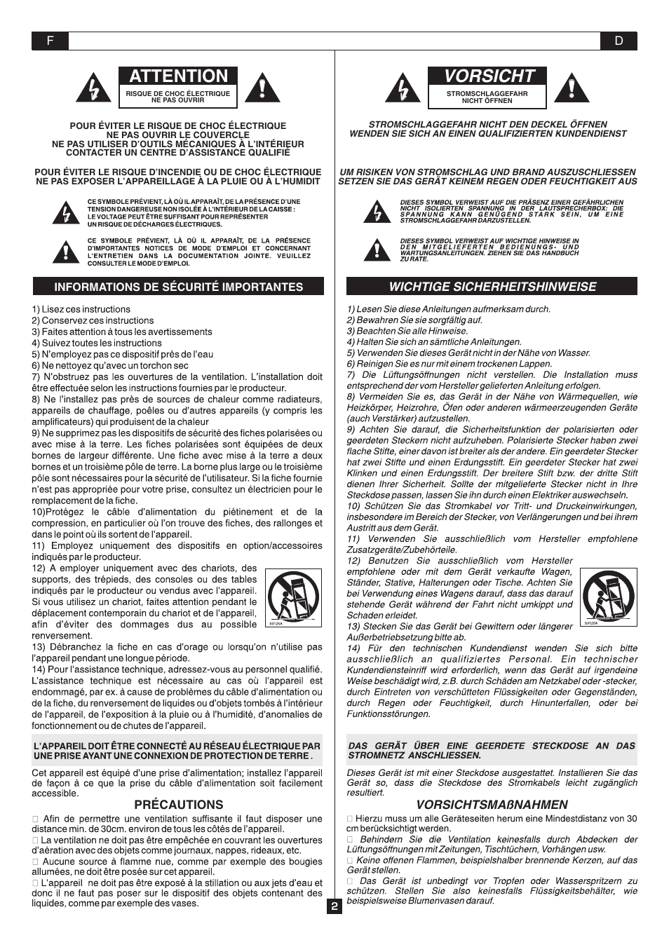 Attention, Vorsicht | FBT AMICO10USB User Manual | Page 4 / 36